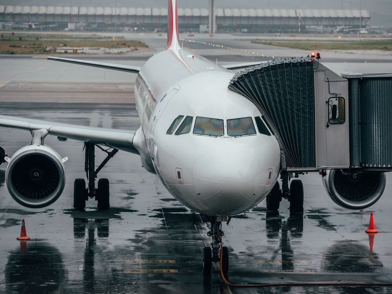 Airliners at the jet bridges of a terminal
