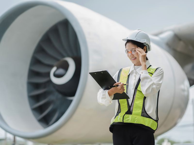 Technician inspecting a jet engine